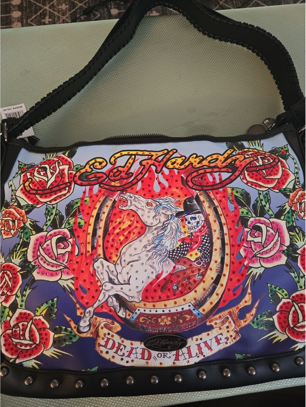 Vintage Ed Hardy 'Dead or Alive' Rhinestone Studded Hobo Bag NWT - Picture 6 of 7